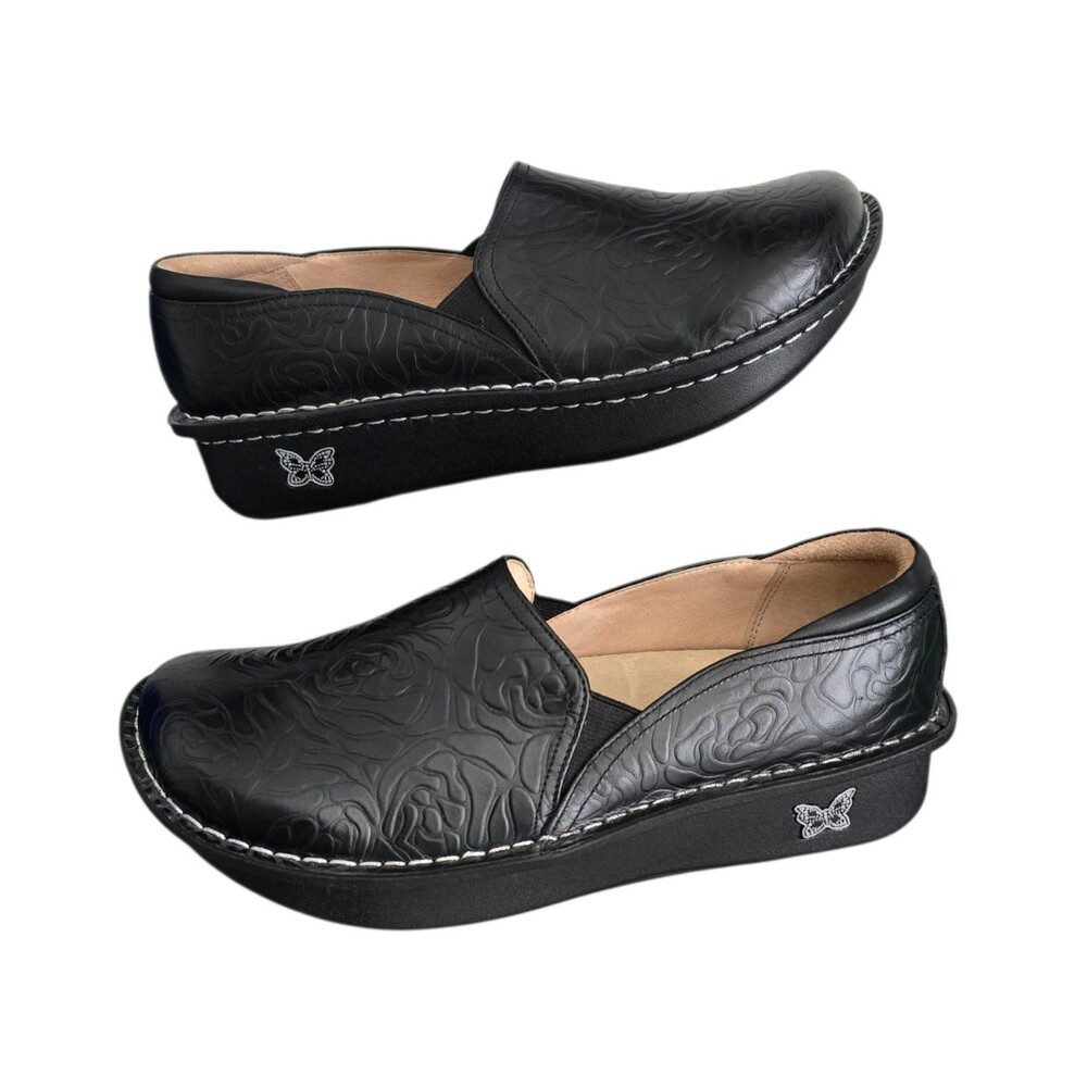 Alegria Deb 531 Shoes Womens US 9 EU 39 Debra Rose Embossed Black Leather Clog